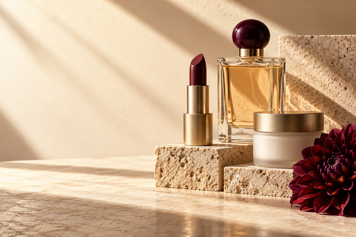 Editorial beauty still life of lipstick, skincare, and fragrance on warm stone