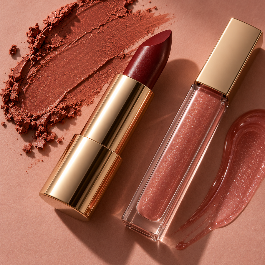 Burgundy lipstick and rose gloss with a warm pigment swatch