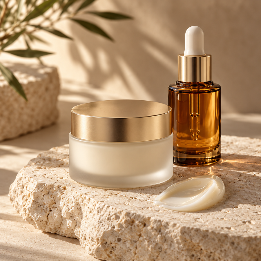 Ivory skincare jar and amber dropper bottle on limestone